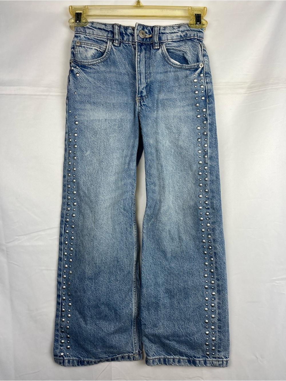 Zara Kids Girls wide-leg denim jeans featuring silver metal stud embellishments